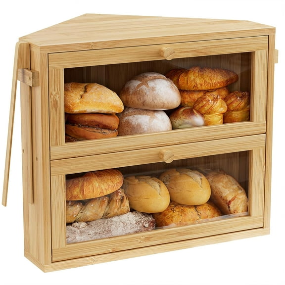 Corner Bread Box for Kitchen Countertop, Large Double Layer Bread Storage Container for Homemade Bread, Black Bread Holder for Kitchen Counter, Under Cabinet Organizer (Natural, Medium)
