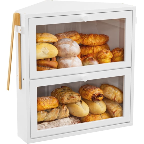 Corner Bread Box for Kitchen Countertop, Large Double Layer Bread Storage Container for Homemade Bread, Black Bread Holder for Kitchen Counter, Under Cabinet Organizer (White, )