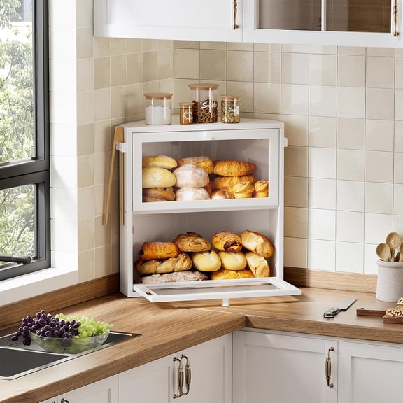 Corner Bread Box for Kitchen Countertop, Large Double Layer Bread Storage Container for Homemade Bread, Black Bread Holder for Kitchen Counter, Under Cabinet Organizer (White, Extra Large)