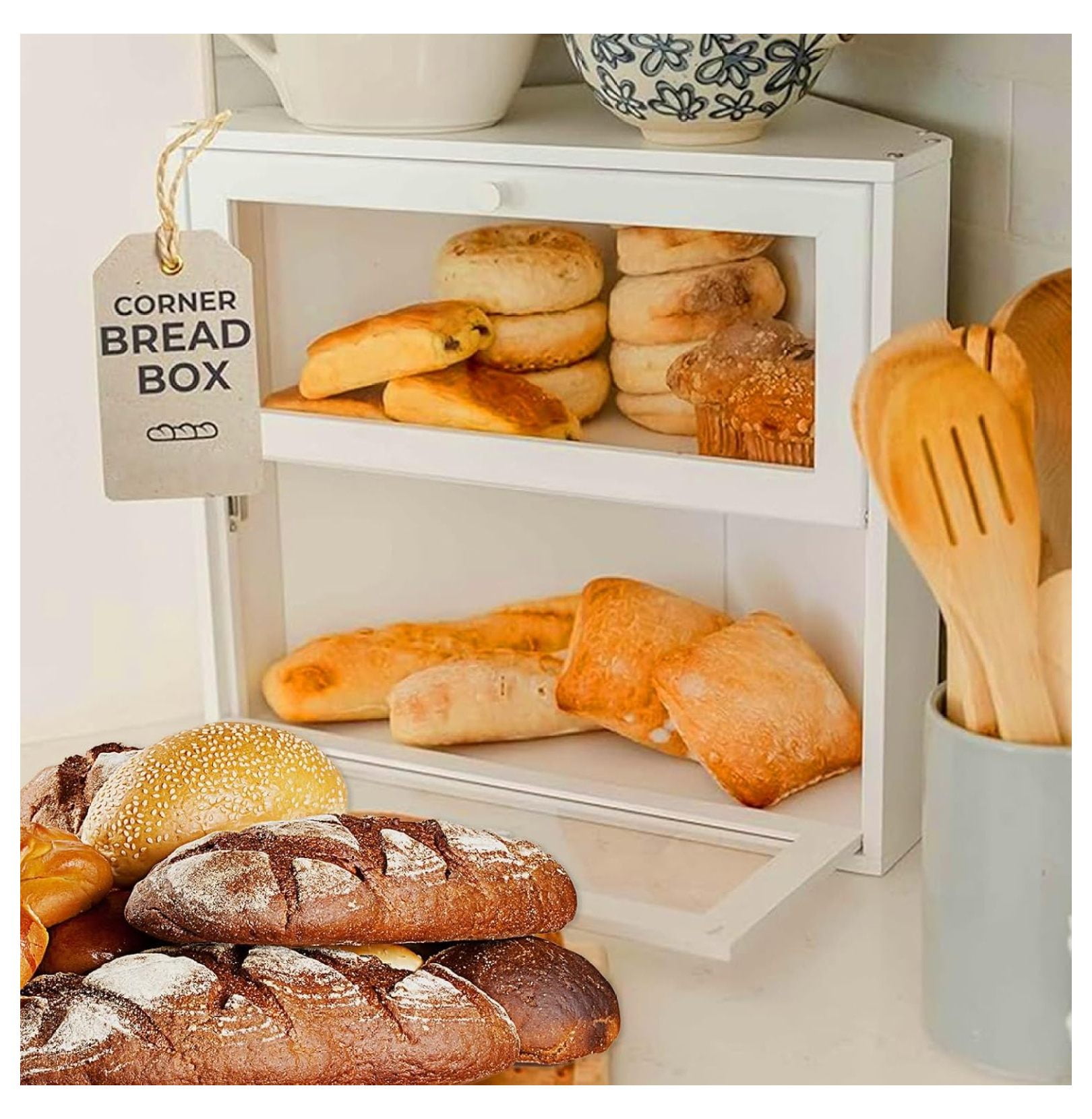 Corner Bread Box for Kitchen Countertop, Large Bread Storage Container