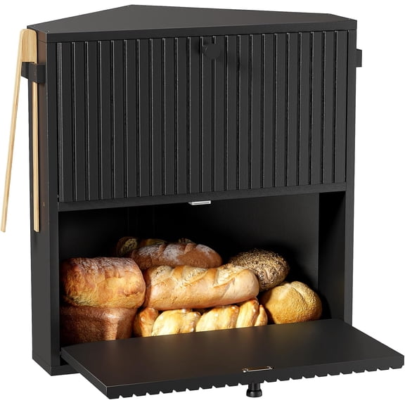 Corner Bread Box for Kitchen Countertop, Large Vintage Bread Storage Container Bin for Homemade Bread, Double Layer Farmhouse Bread Holder for Kitchen, Cabinet, Pantry (Black, Extra Large)