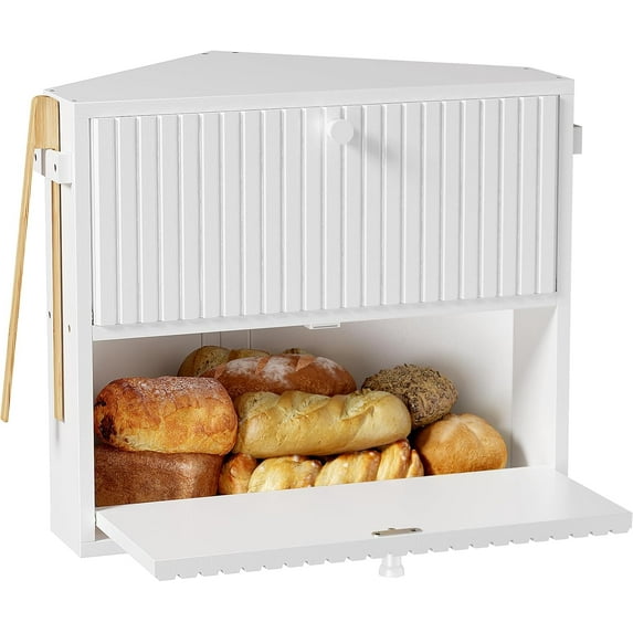 Corner Bread Box for Kitchen Countertop, Large Vintage Bread Storage Container Bin for Homemade Bread, Double Layer Farmhouse Bread Holder for Kitchen, Cabinet, Pantry (White, Medium)