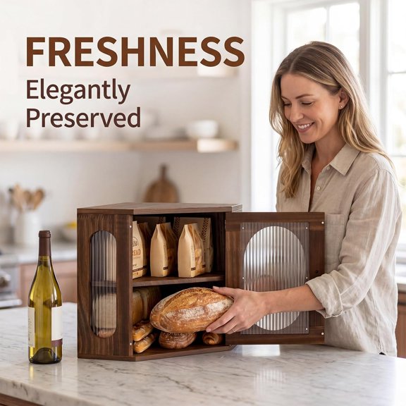 Corner Bread Box for Kitchen Countertop, Solid Pine Wood with Strong Acrylic Window, 3 Adjustable Heights, Brown, Holds 2 Loaves, Farmhouse Pantry Container for Home Bakers and Families