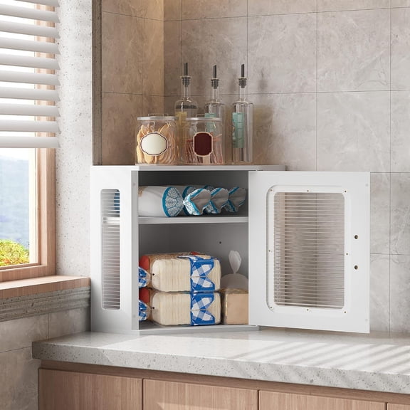 Corner Bread Box for Kitchen Countertop, Solid Wood Double Layer Large Storage Container with Adjustable Shelves, Farmhouse Acrylic Window Design, White