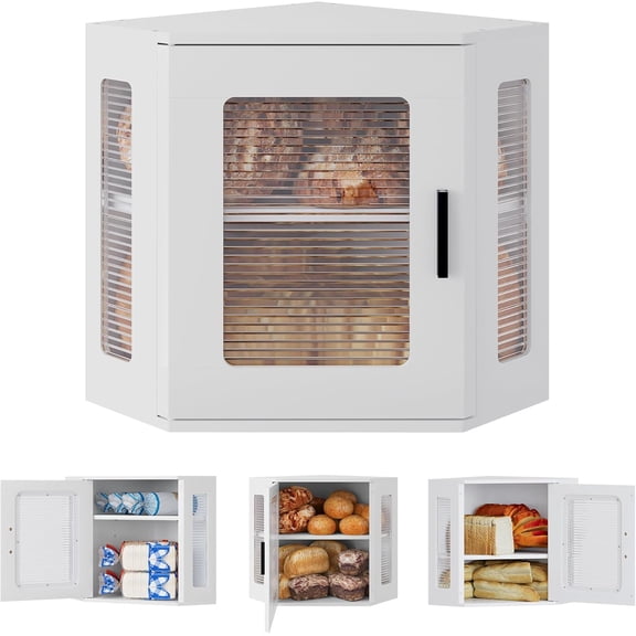 Corner Bread Box for Kitchen Countertop, Solid Wood Double Layer Large Storage Container with Adjustable Shelves, Farmhouse Acrylic Window Design, White