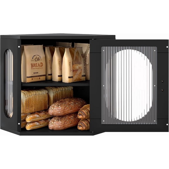 Corner Bread Box for Kitchen Countertop, Thick Pine  Keep Freshness , Adjustable  Bread Storage Container with Window & Deli Papers for Homemade Bread, Baked, Black