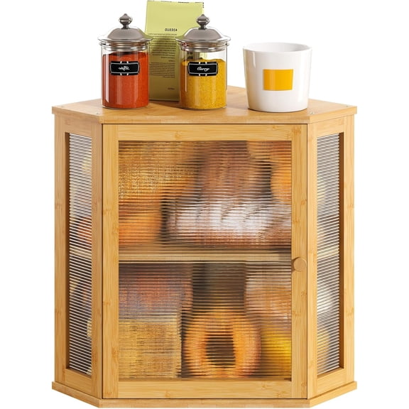 Corner Bread Box, Large Bamboo Bread Box for Kitchen Countertop, 2 Tier Wooden Bread Storage (Natural, Large)
