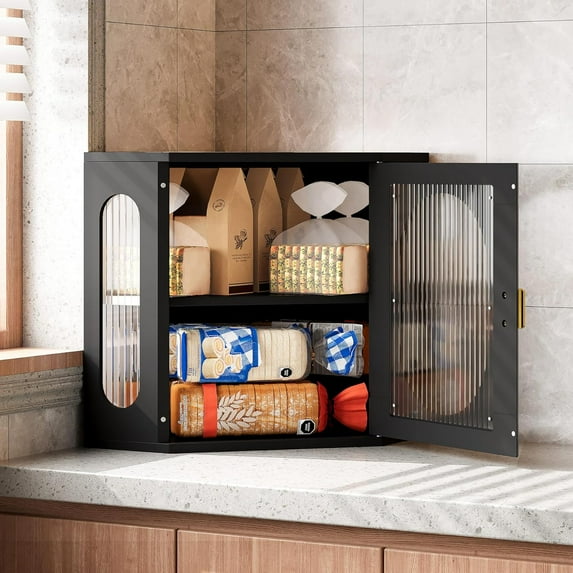 Corner Bread Box, Solid Wood Double Layer Adjustable Large Capacity, Farmhouse Vintage Kitchen Countertop Organizer with Acrylic Window, Black