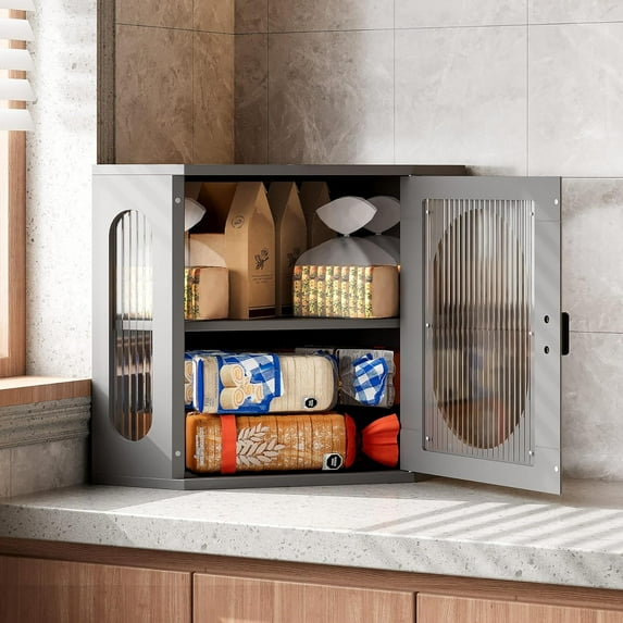 Corner Bread Box, Solid Wood Double Layer Adjustable Large Capacity, Farmhouse Vintage Kitchen Countertop Organizer with Acrylic Window, Gray