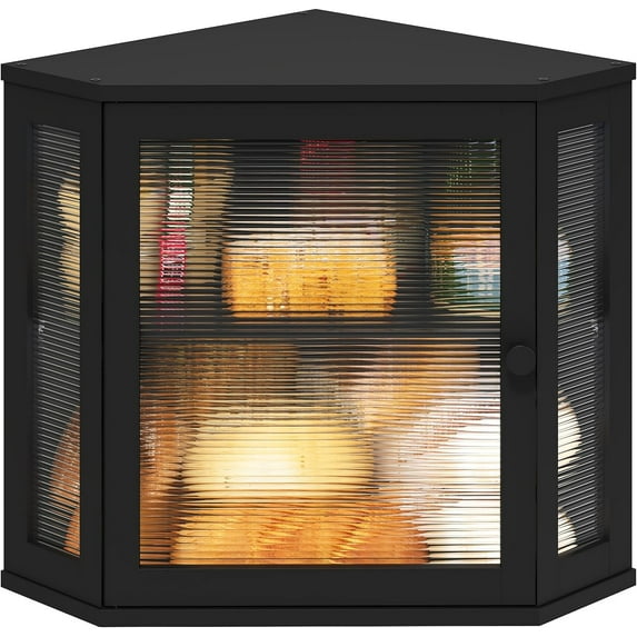 Corner Bread Box for Kitchen Counter, Bamboo Wood Black Bread Box, Large Capacity Bread Storage Bin with Acrylic Wavy Door Panel (Black, Meduim)