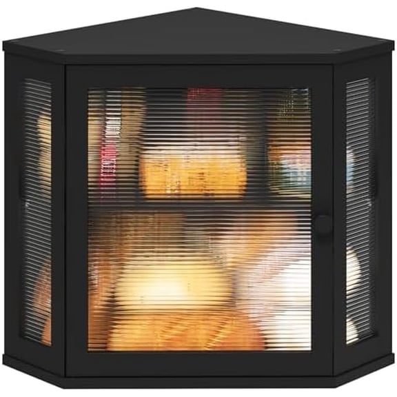 Corner Bread Box for Kitchen Counter, Bamboo Wood Black Bread Box, Large Capacity Bread Storage Bin with Acrylic Wavy Door Panel (Black, Meduim)