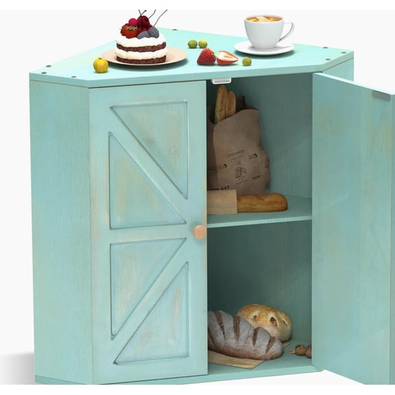 Corner Bread Box for Kitchen Counter Double Layer Bamboo Bread Storage Container 40 Liters, Antique Blue