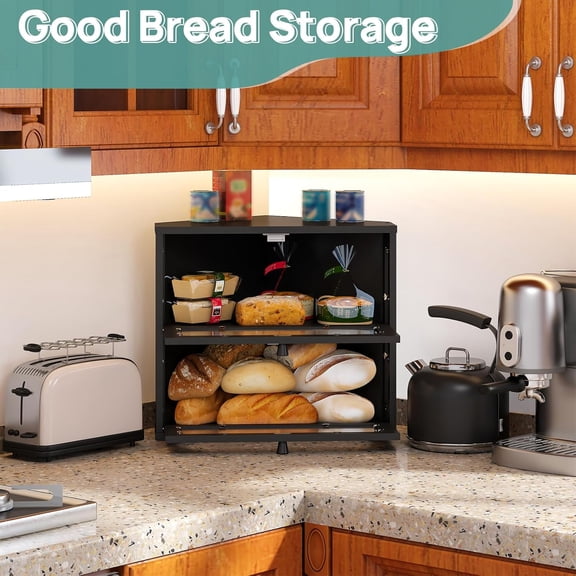 Corner Bread Box for Kitchen Countertop, 2 Tier Black Corner Bread Box, Bamboo Wood Large Capacity Bread Storage Bin with Acrylic Wavy Door Panel