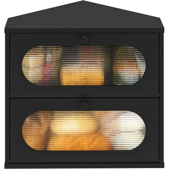 Corner Bread Box for Kitchen Countertop, 2 Tier Black Corner Bread Box, Bamboo Wood Large Capacity Bread Storage Bin with Acrylic Wavy Door Panel