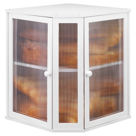 Uxcell Corner Bread Box for Kitchen Countertop - Bamboo Large Capacity Bread Storage Bin with Acrylic Wavy Door Panel,Double Door Bread Organizers (White)