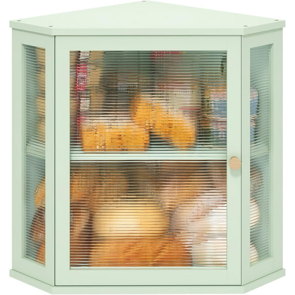 Corner Bread Box for Kitchen Countertop, Bamboo Wood Large Capacity Bread Storage Bin with Acrylic Wavy Door Panel, Green