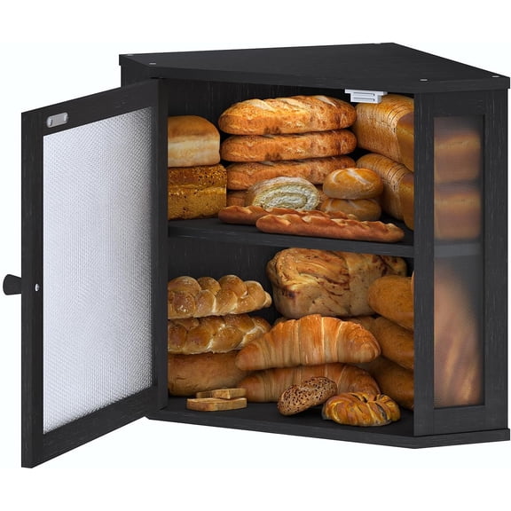 Corner Bread Box for Kitchen Countertop,Bread Storage for Homemade Bread, Double Layer Large Bamboo Kitchen Storage Bin with Window (Black, Medium)