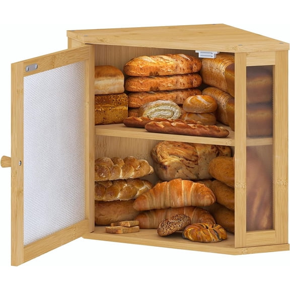 Corner Bread Box for Kitchen Countertop,Bread Storage for Homemade Bread, Double Layer Large  Kitchen Storage Bin with Window (, Medium)