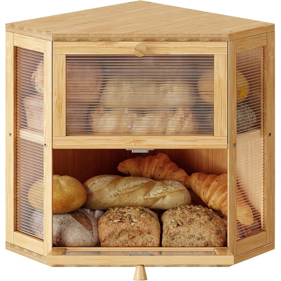 Corner Bread Box for Kitchen Countertop, Double Layer Bamboo Bread Storage Container, Large Farmhouse Bread box