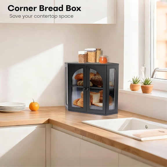 Corner Bread Box for Kitchen Countertop, Double Layer Bread Storage Container with Adjustable Divider and Magnetic