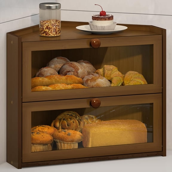 Bamboo Corner Bread Box for Kitchen Countertop, Large Bread Container Storage Bamboo Wooden Farmhouse Bread Box with Window Bread Holder