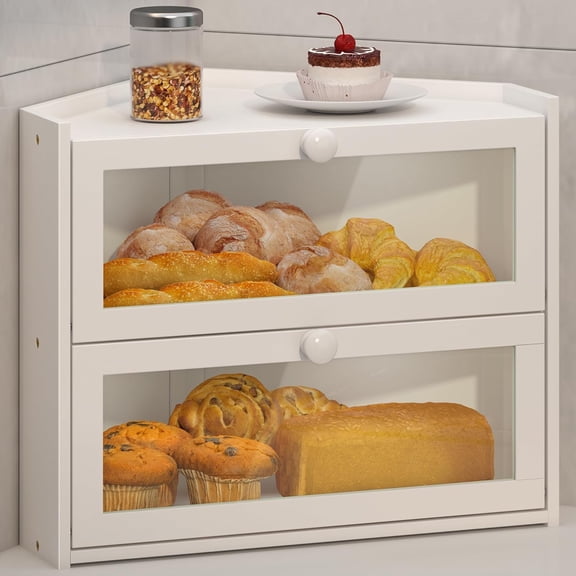 Corner Bread Box for Kitchen Countertop, Large Bread Container Storage Bamboo Wooden Farmhouse Bread Box with Window Bread Holder (White)