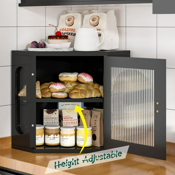 Corner Bread Box for Kitchen Countertop, Large Wooden Bread Storage Bin with Acrylic Window, Black