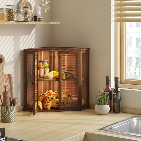 Corner Bread Box for Kitchen Countertop - Premium Wood with Glass Door, Space-Saving Storage for Homemade Bread Baguettes Pastries