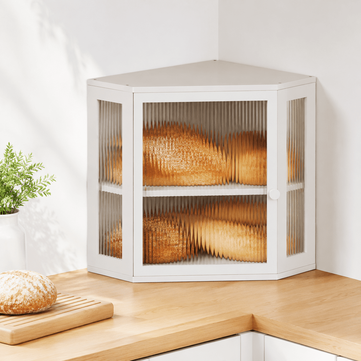Corner Bread Box for Kitchen Countertop Storage, White Medium, 2-Layer ...