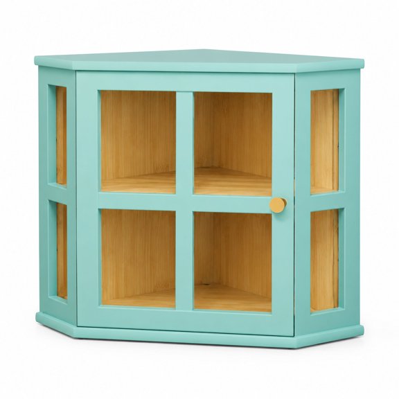 Corner Bread Box with Acrylic Door, Two-Tier Kitchen Countertop Storage Organizer, Light Turquoise Bamboo