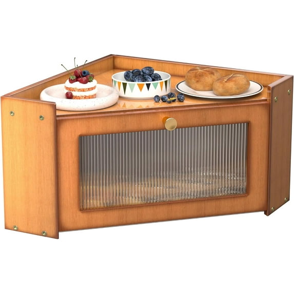 Corner Bread box for Kitchen Countertop, Vintage Wooden Counter Organizer, Bamboo Bread Storage Bin for Homemade Bread, Small Farmhouse Corner Breadbox Container with Acrylic Window, Vintage