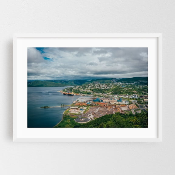 Over Corner Brook - Corner Brook Newfoundland and Labrador Canada Photography Harbor Landscape Coast Scenic Nature Mountain City White Framed Wall Art Print 5 x 7 inches