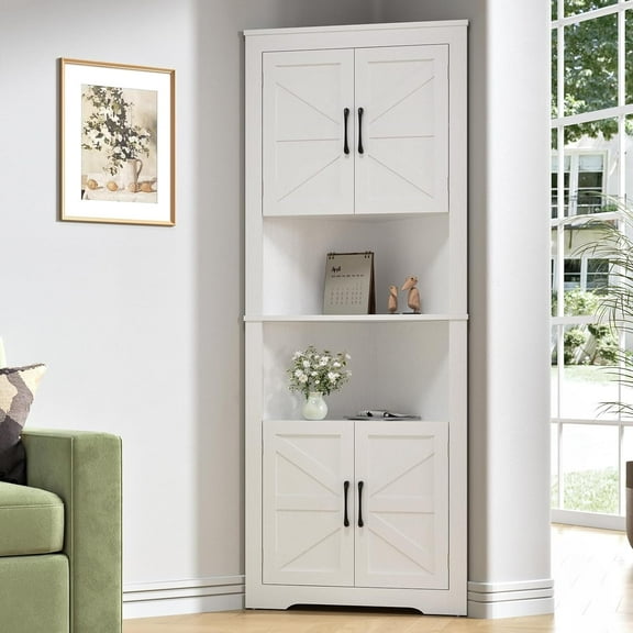 Corner Cabinet 67” Tall, Farmhouse Corner Cabinet with Doors and 5 Shelves, Bathroom Cabinet Organizer Home Space Saver for Kitchen, Living Room, White