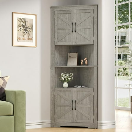 Corner Cabinet 67” Tall, Farmhouse Corner Storage Cabinet with Doors and 5 Shelves, Home Space Saver for Kitchen, Living Room, Gray