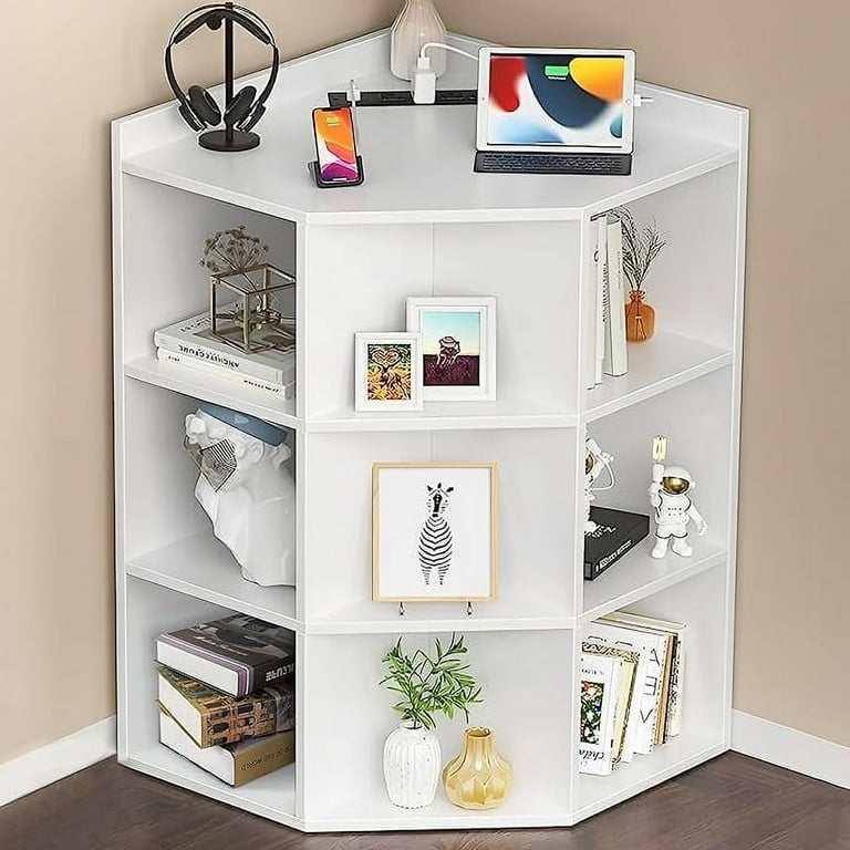 Corner Cabinet 9 Cubes Corner Bookshelf with 2 USB Ports and 3 AC Outlets Corner Storage Cabinet Triangle Bookcase for Living Room Bedroom Kid s