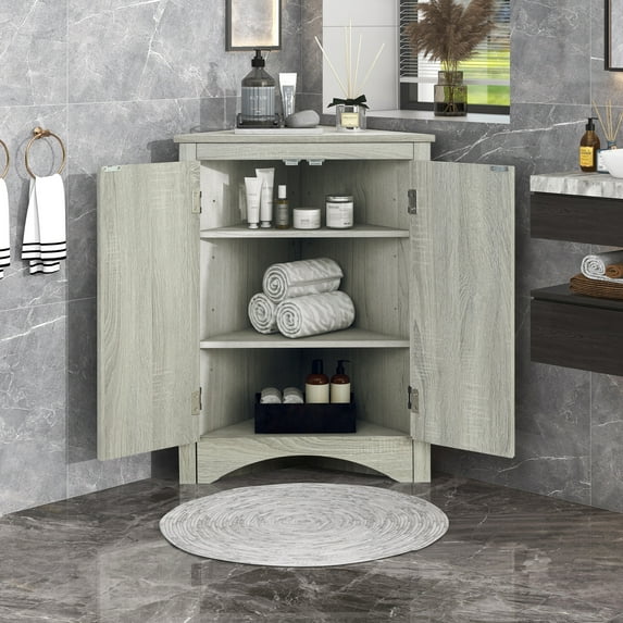 Corner Cabinet with Adjustable Shelves and Two Doors, Triangle Storage Cabinet Freestanding Floor Cabinet for Bathroom, Kitchen, Living Room or Bedroom, Oak