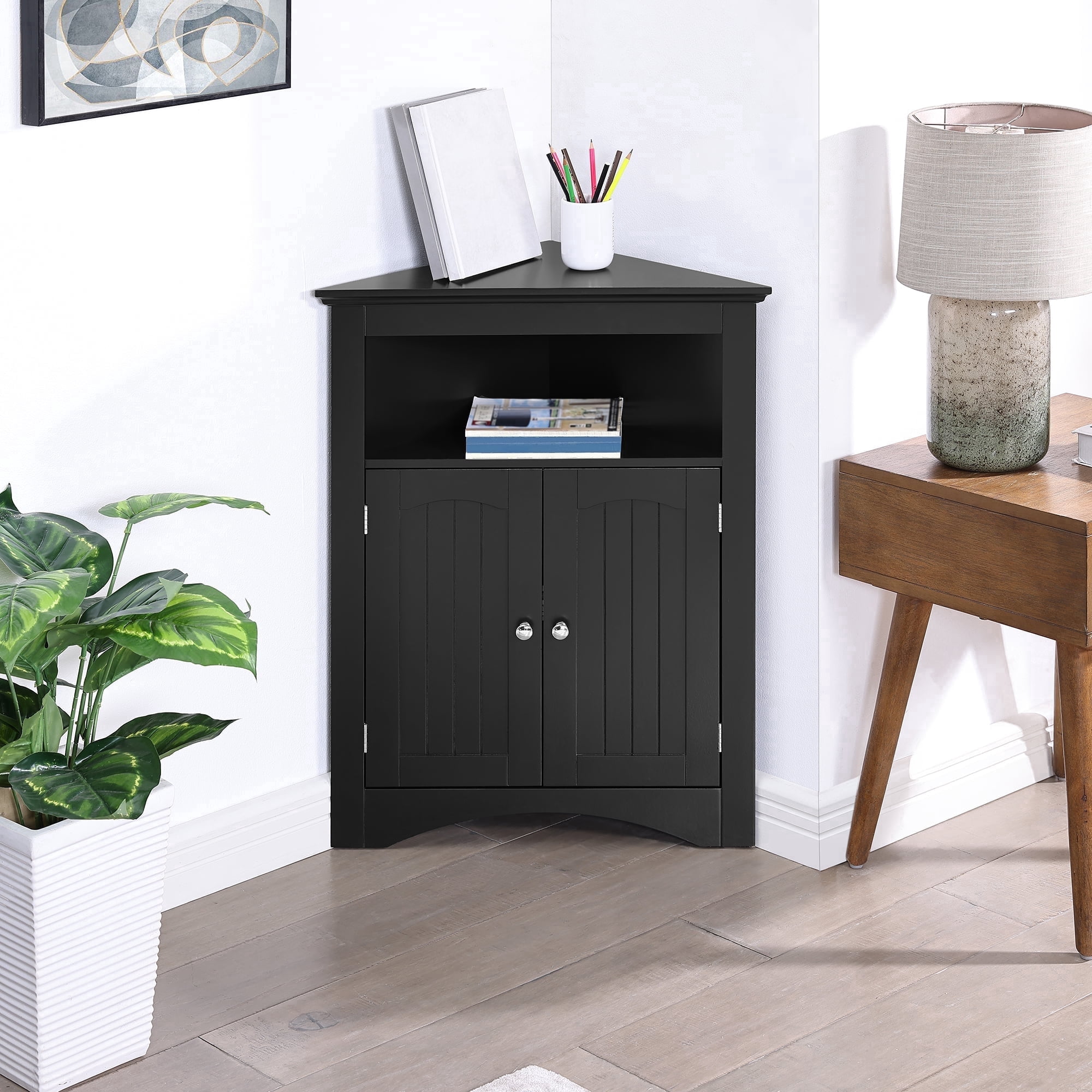 Small Corner Cabinet, Wood Corner Storage Organizer with 2 Doors, Adjustable Shelves, Open Storage, Pantry Cabinet for Living Room, Kitchen, Bathroom