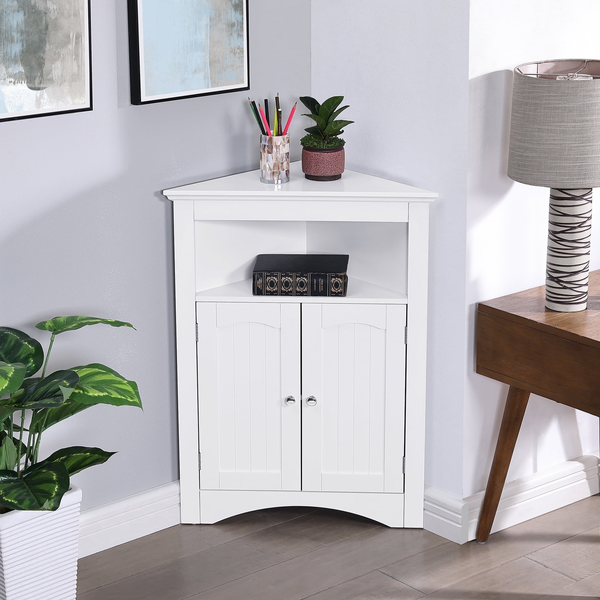 Small Corner Cabinet, Wood Corner Storage Organizer with 2 Doors, Adjustable Shelves, Open Storage, Pantry Cabinet for Living Room, Kitchen, Bathroom