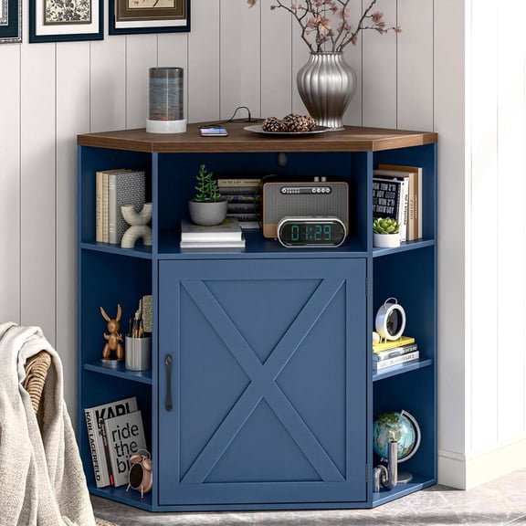 Corner Cabinet, Corner Storage Shelf with USB Ports and Outlets Industrial Organizer for Small Space Wooden 6-Cubby Bookshelf for Study, Playroom, Living Room (Blue and Brown)