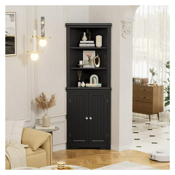 Corner Cabinet, Freestanding Corner Shelf with 2 Doors and 3 Shelves, Bathroom Corner Storage Cabinet for Bathroom, Living Room, Bedroom or Kitchen (Black)