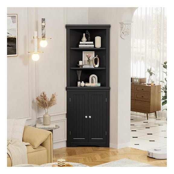 Corner Cabinet, Freestanding Corner Shelf with 2 Doors and 3 Shelves, Bathroom Corner Storage Cabinet for Bathroom, Living Room, Bedroom or Kitchen (Black)