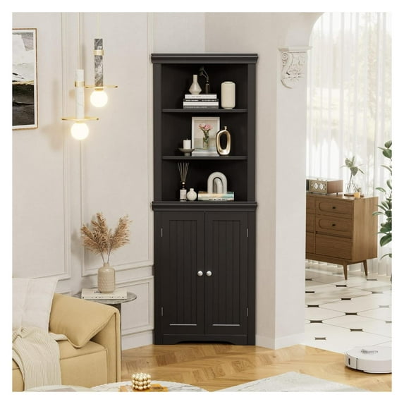 Corner Cabinet, Freestanding Corner Shelf with 2 Doors and 3 Shelves, Bathroom Corner Storage Cabinet for Bathroom, Living Room, Bedroom or Kitchen (Espresso)