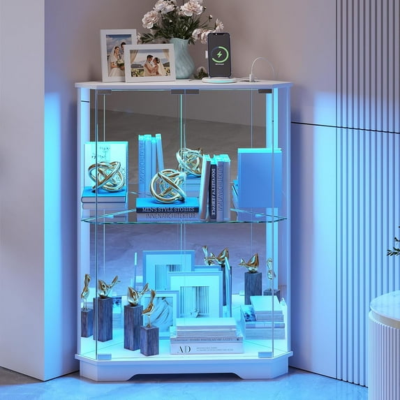 Corner Cabinet with Glass Doors, Small Storage Cabinet with LED Lights and Charging Station, 2-Tier Curio Cabinet with Storage for Living Room, Bedroom or Kitchen, White
