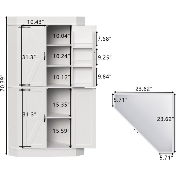 Corner Cabinet Kitchen Pantry Storage with 4 and Side Rack, White Farmhouse Hutch for Dining Room