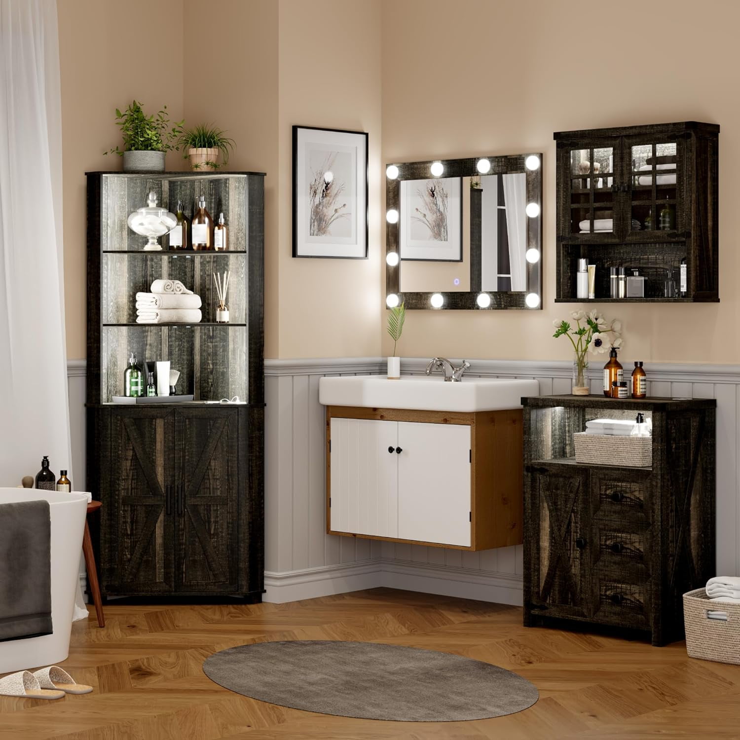 Corner Cabinet with LED Light, 67" Tall Bathroom Cabinet with 2 Doors ...