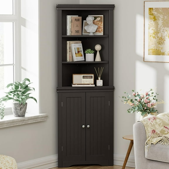 Corner Cabinet,Storage Cupboard with Doors,Tall Storage Cabinet with Adjustable Shelves, for Living Room,Bathroom,Kitchen,Dark Brown