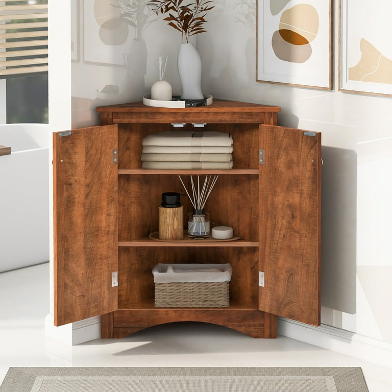 Corner Cabinet Storage Wooden Triangle Bathroom Storage Cabinet with Adjustable Shelves and Two Doors for Kitchen Living Room and Hall Brown Walmart