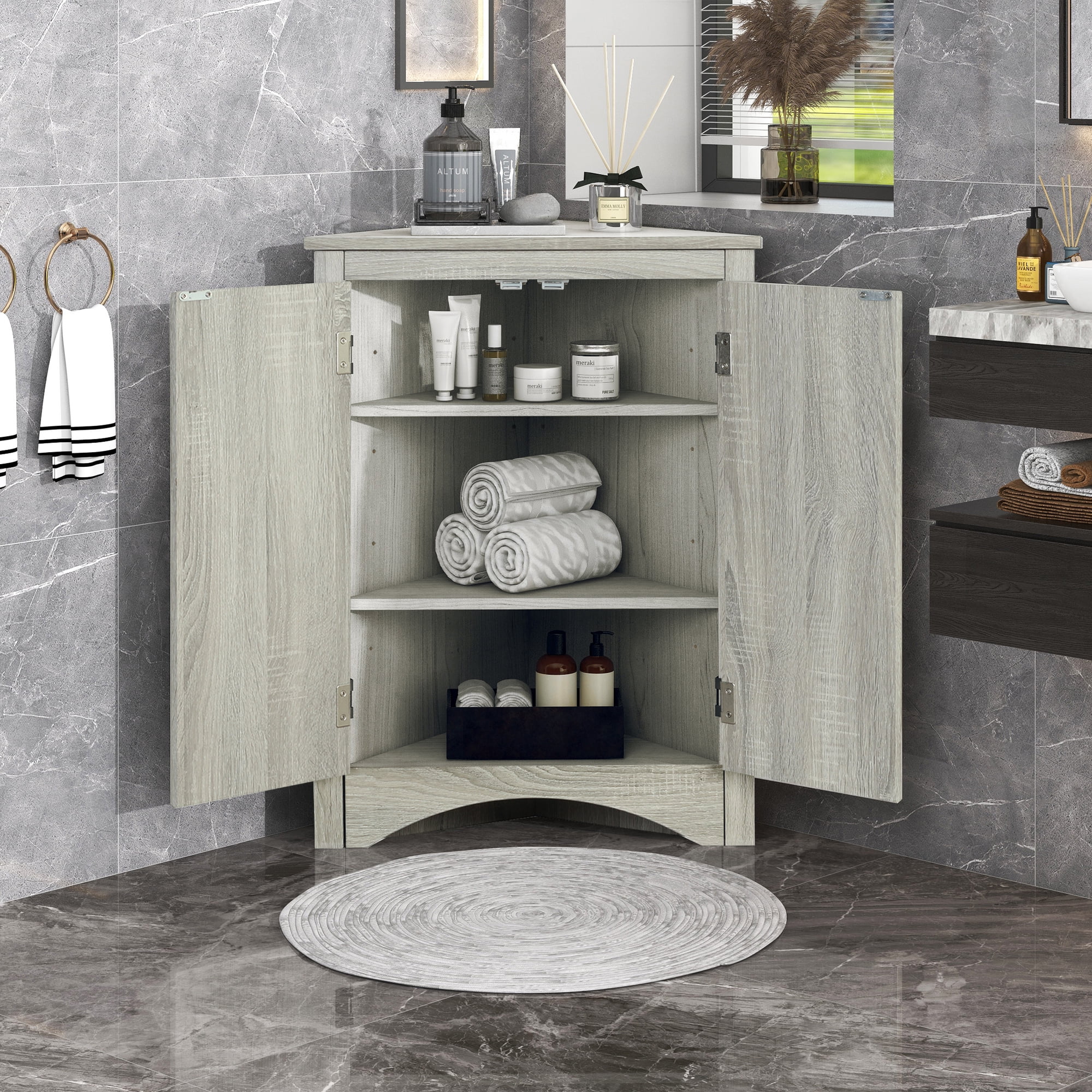 Corner Cabinet Storage Wooden Triangle Bathroom Storage Cabinet with Adjustable Shelves and Two Doors for Kitchen, Living Room and Hall Oak