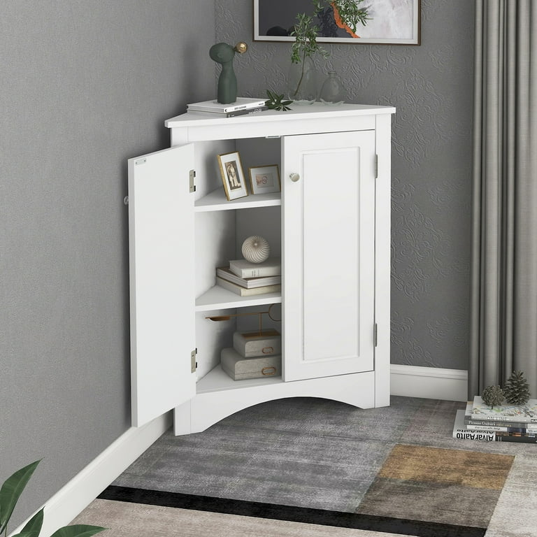 Corner Cabinet Storage Wooden Triangle Bathroom Storage Cabinet with Adjustable Shelves and Two Doors for Kitchen Living Room and Hall White Walmart