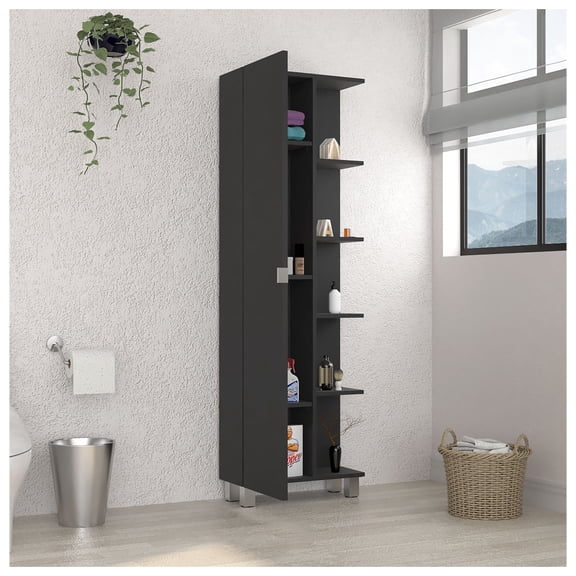 Corner Cabinet Womppi, Five Open Shelves, Single Door, Black Wengue Finish
